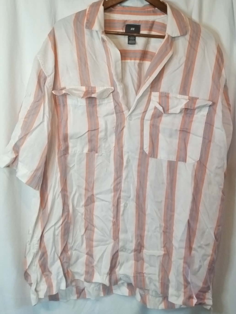 H&M Short-Sleeve Button Stripe Shirt White Peach Blue Coastal Preppy Beach 80s